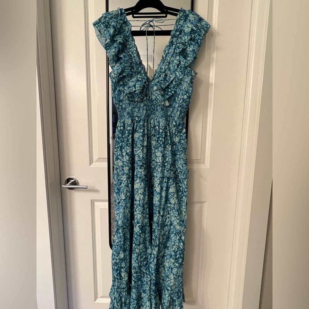 Anthropologie Blue V-Neck Ruffle Maxi